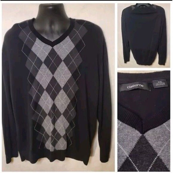 Claiborne Mens XXL Sweater 2XL Black‎ V-Neck Argyle Gray 100% Cotton Chrlie Brwn - Picture 1 of 4